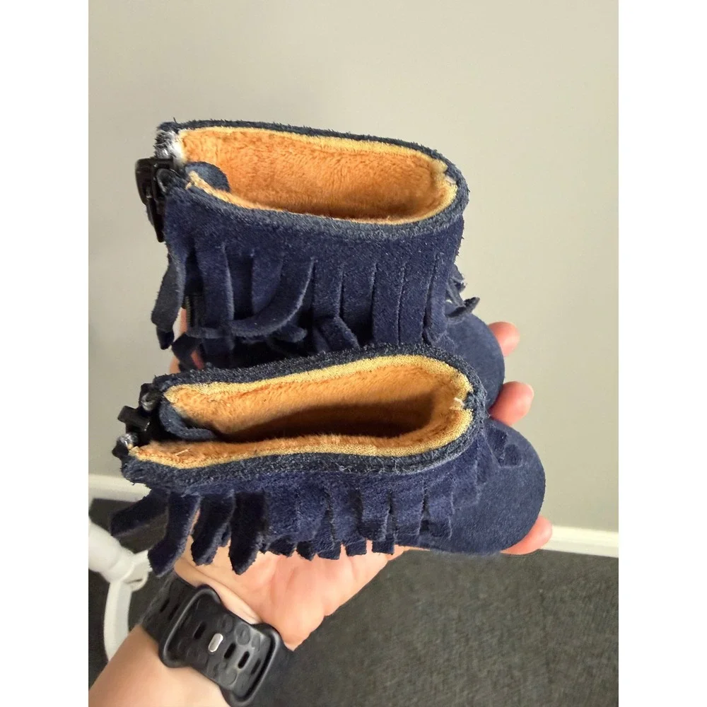 Monkey Feet Navy Blue Suede Fringe Infant Boots Soft Sole Moccasins 3-6M